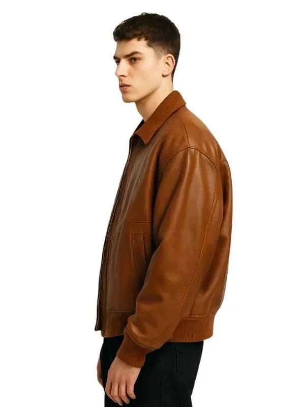 Thread Masters INC Men’s Oversized Front Pockets Brown Leather Bomber Jacket