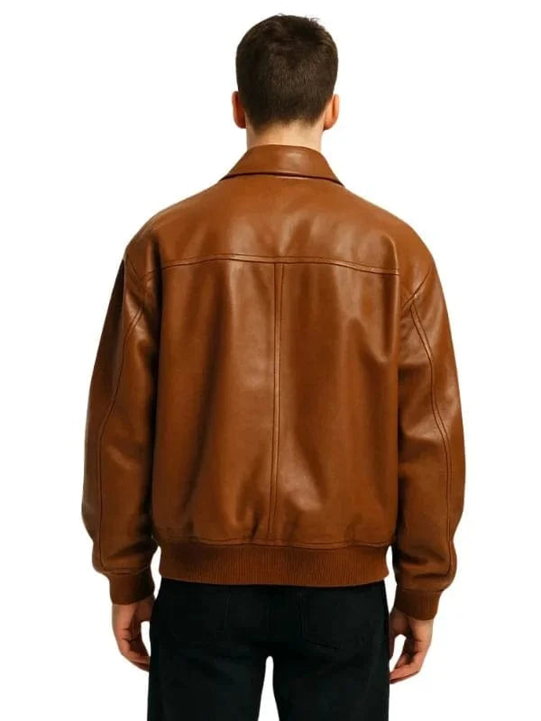 Thread Masters INC Men’s Oversized Front Pockets Brown Leather Bomber Jacket
