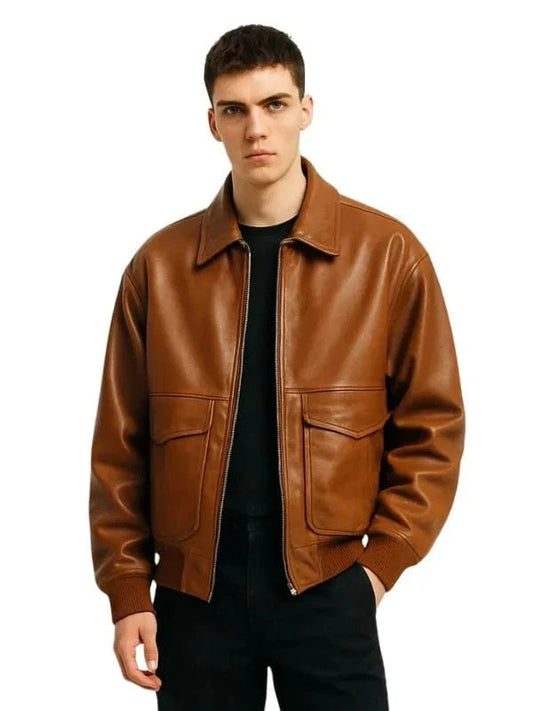 Thread Masters INC Men’s Oversized Front Pockets Brown Leather Bomber Jacket