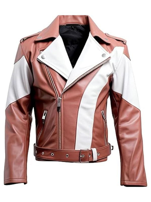 Thread Masters INC Men’s Rosy Brown White Genuine Sheepskin Biker Belted Leather Jacket