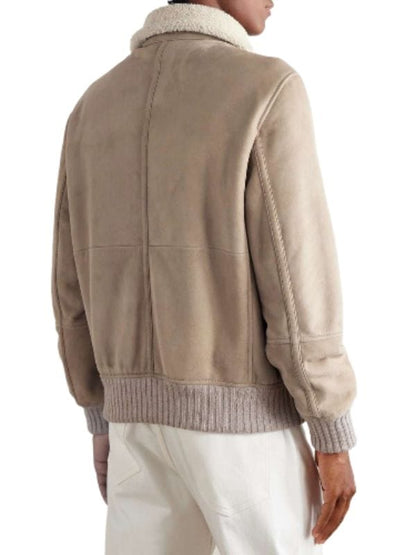 Thread Masters INC Men's Shearling Collar Beige Suede Bomber Jacket