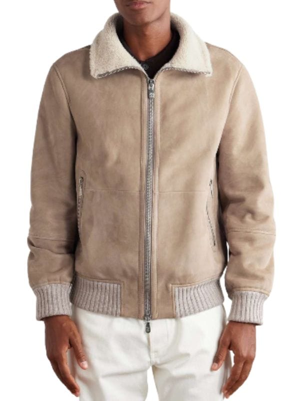 Thread Masters INC Men's Shearling Collar Beige Suede Bomber Jacket