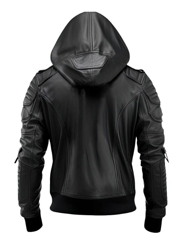 Thread Masters INC Men’s Stylish Hooded Black Genuine Leather Bomber Jacket