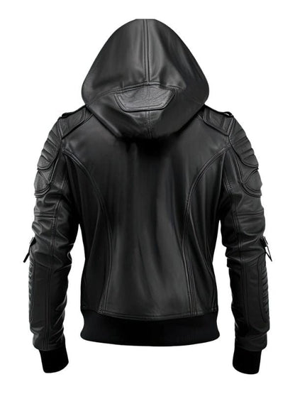 Thread Masters INC Men’s Stylish Hooded Black Genuine Leather Bomber Jacket