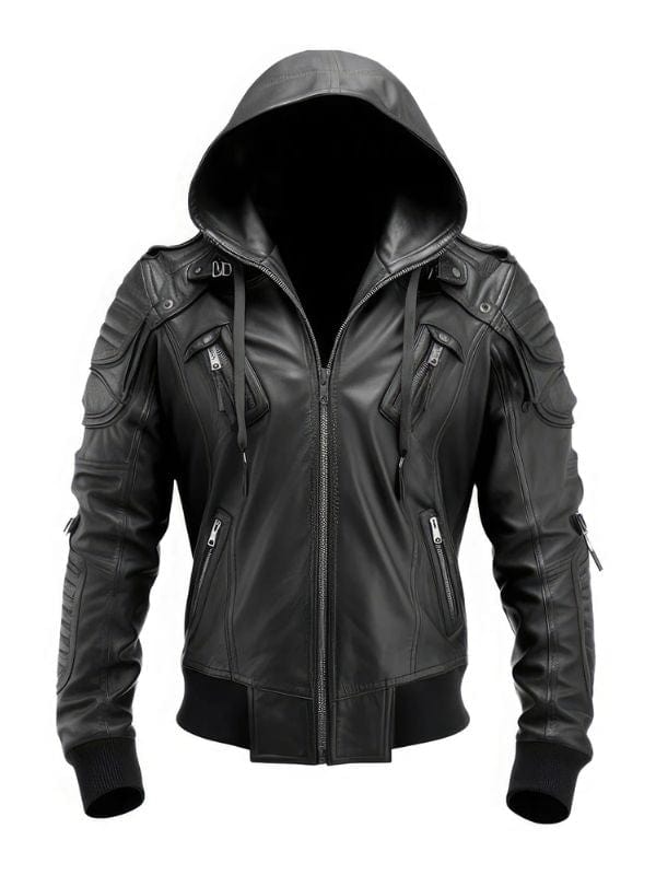 Thread Masters INC Men’s Stylish Hooded Black Genuine Leather Bomber Jacket