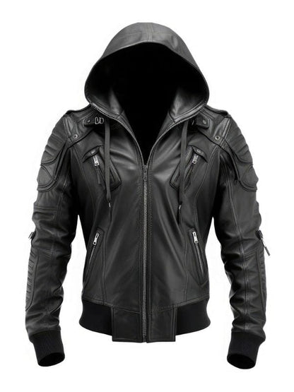 Thread Masters INC Men’s Stylish Hooded Black Genuine Leather Bomber Jacket