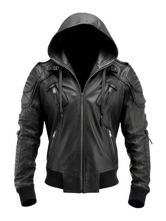 Thread Masters INC Men’s Stylish Hooded Black Genuine Leather Bomber Jacket