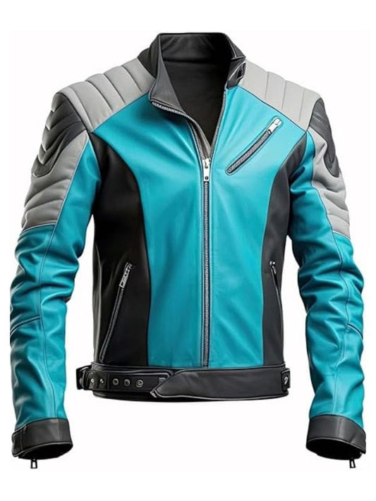 Thread Masters INC Men's Turquoise Blue Black Sheepskin Quilted Shoulders Leather Jacket