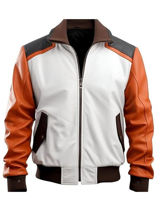Thread Masters INC Men's White And Orange Flight Leather Bomber Jacket