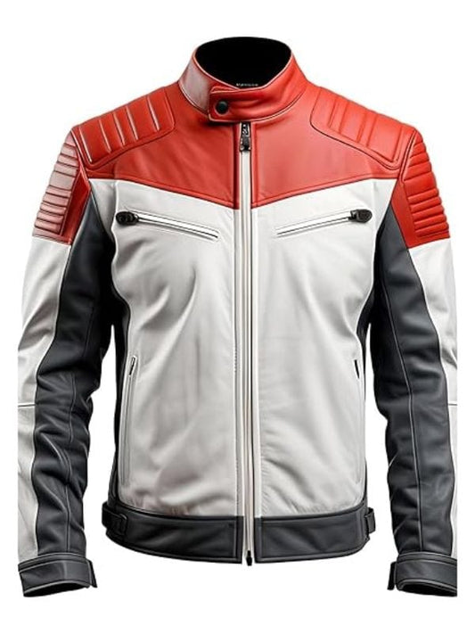 Thread Masters INC Men’s White Red Genuine Sheepskin Quilted Café Racer Leather Jacket