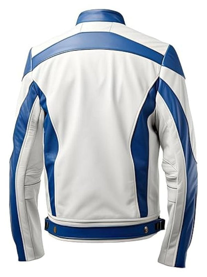 Thread Masters INC Men’s White Royal Blue Sheepskin Moto Biker Cool Leather Jacket