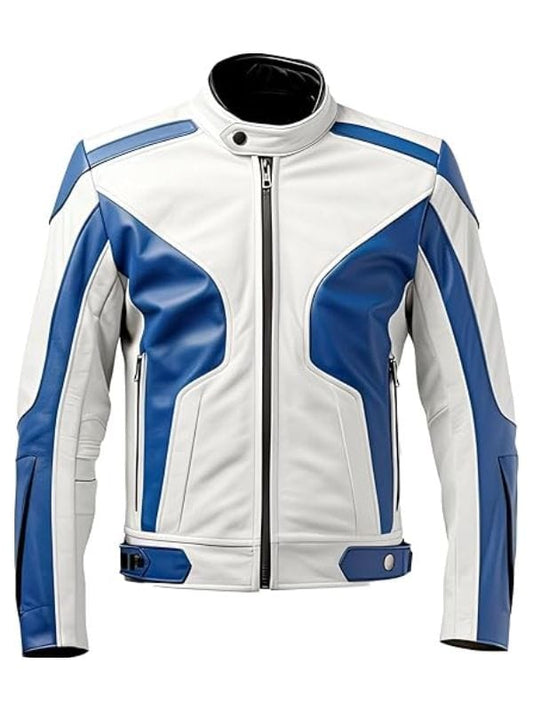 Thread Masters INC Men’s White Royal Blue Sheepskin Moto Biker Cool Leather Jacket