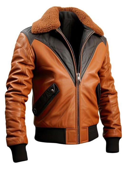 Mens A2 Aviator Sheepskin Fur Collar Brown Bomber Leather Jacket