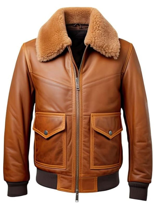 Mens A2 Genuine Sheepskin Fur Collar Brown Bomber Leather Jacket