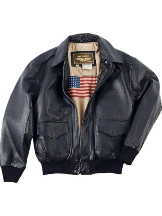 Black leather jacket with American flag lining on a white background