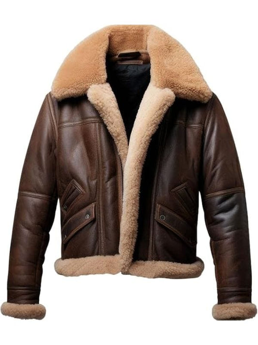 Thread Masters INC Mens B3 Aviator Bomber Genuine Sheepskin Fur Brown Leather Jacket