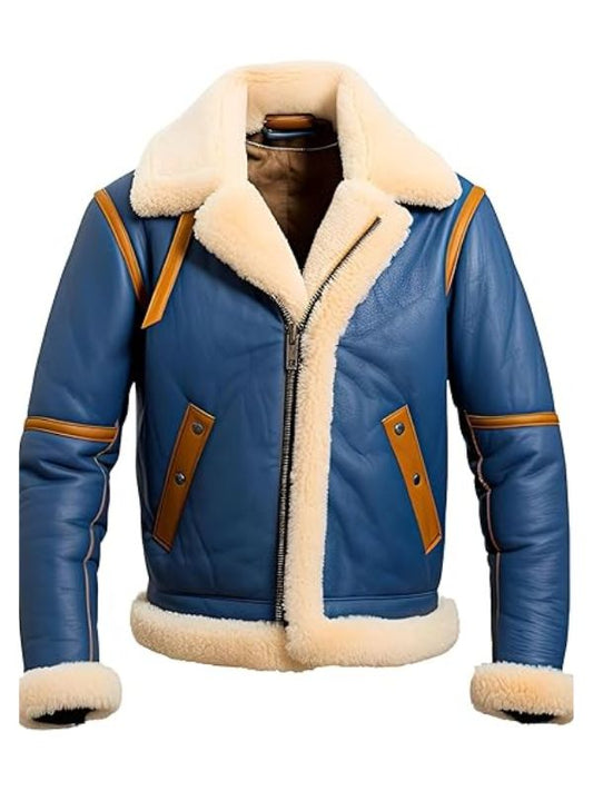 Blue leather jacket with beige fur lining on a mannequin against a white background