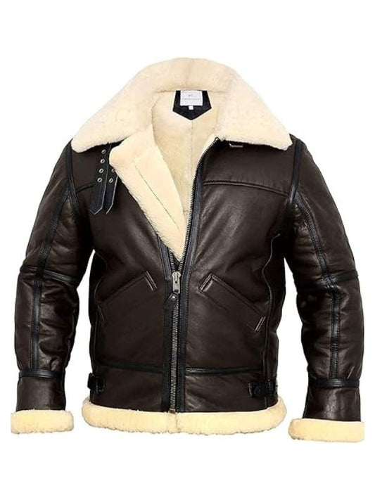 Brown leather jacket with white fur lining on a white background