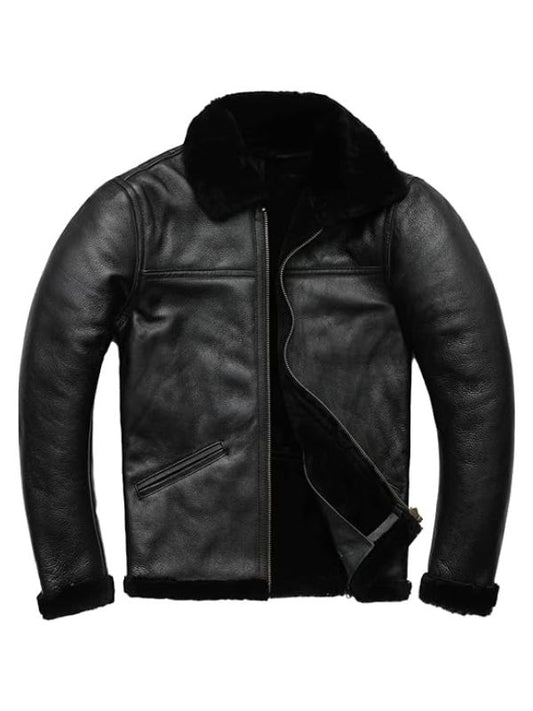 Black leather jacket with fur lining on a white background