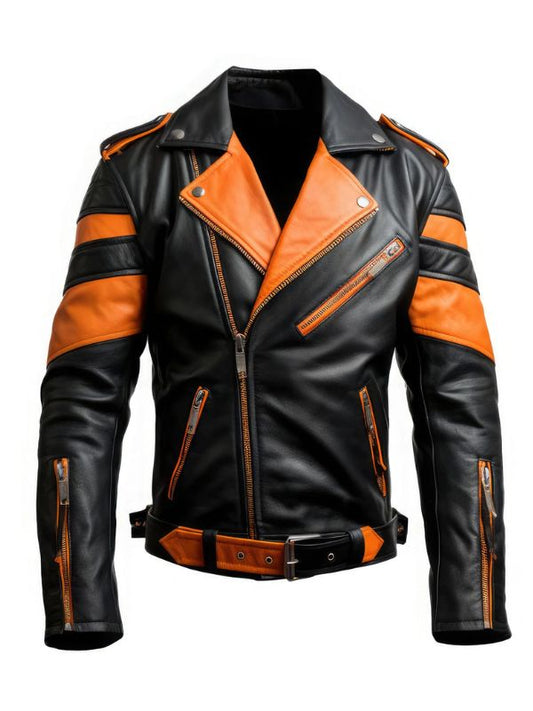 Men’s Black and Orange Rider Quilted Leather Jacket