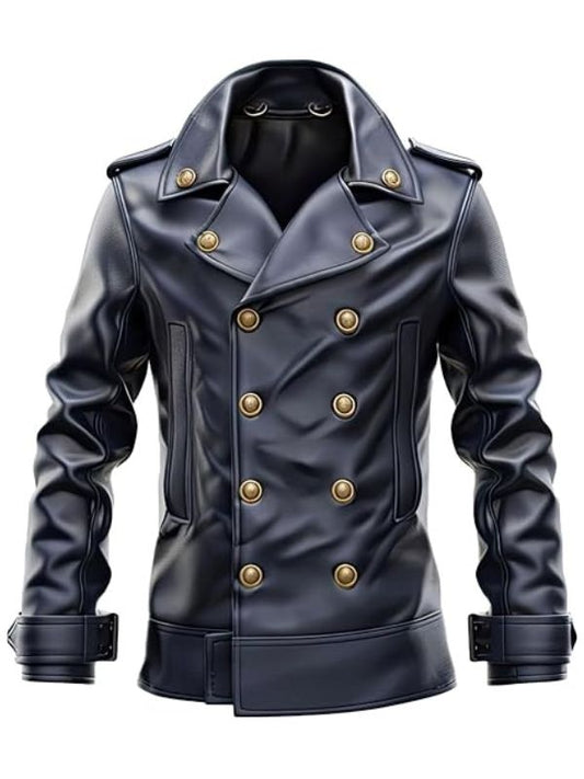 Black leather jacket with gold buttons on a white background