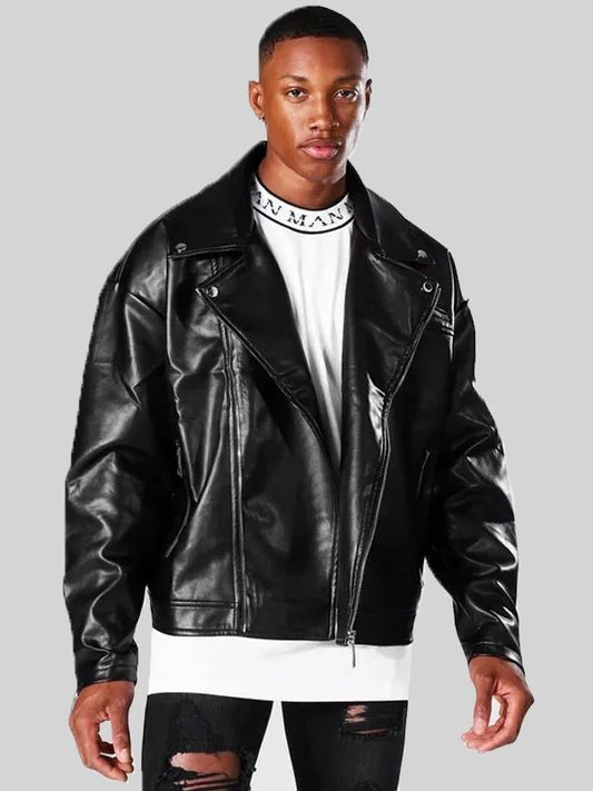 Mens Black Leather Oversized Biker Jacket