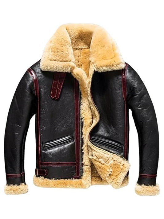 Black leather jacket with beige fur lining on a white background