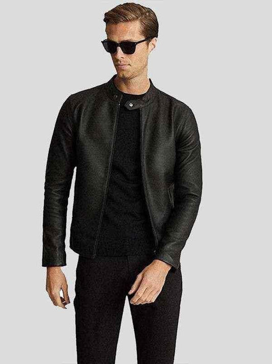 Thread Masters INC Mens Black Slim Fit Cafe Racer Leather Jacket