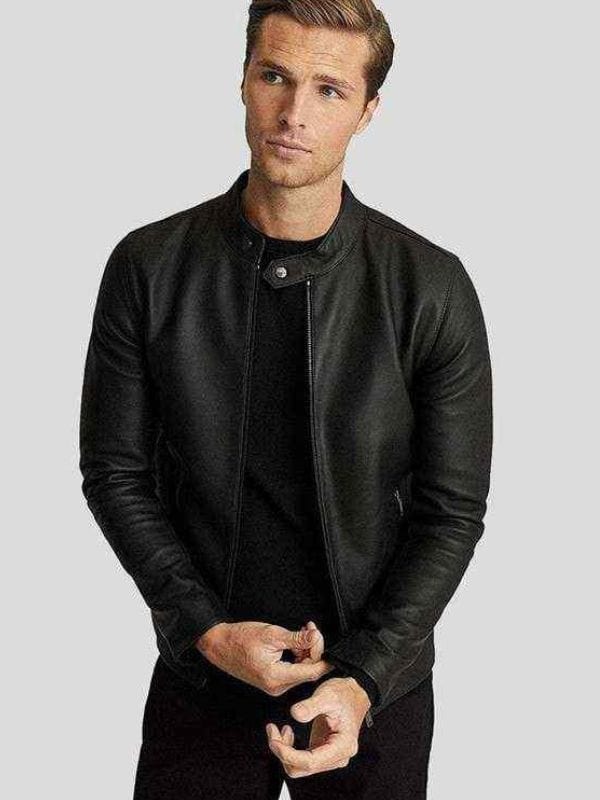 Thread Masters INC Mens Black Slim Fit Cafe Racer Leather Jacket