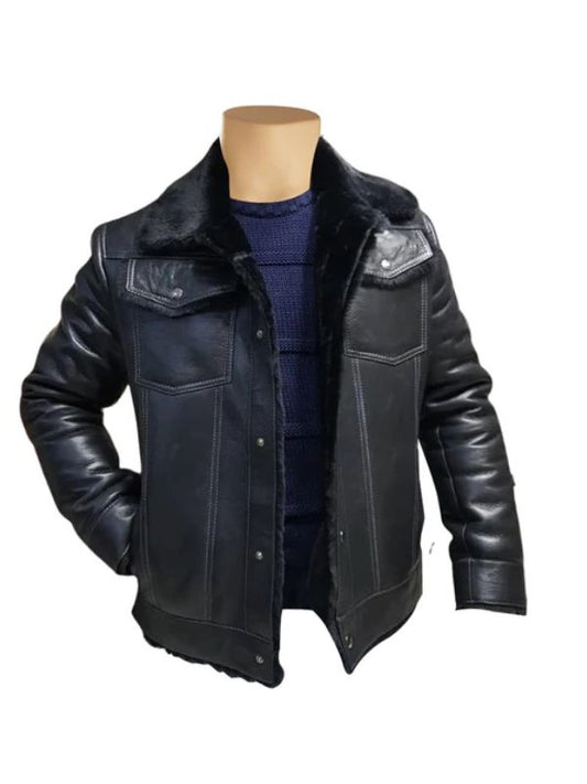 Mens Black Trucker Style Shearling Jacket - Free Shipping