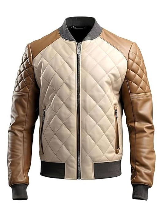 Quilted jacket with beige and brown leather sleeves on a white background