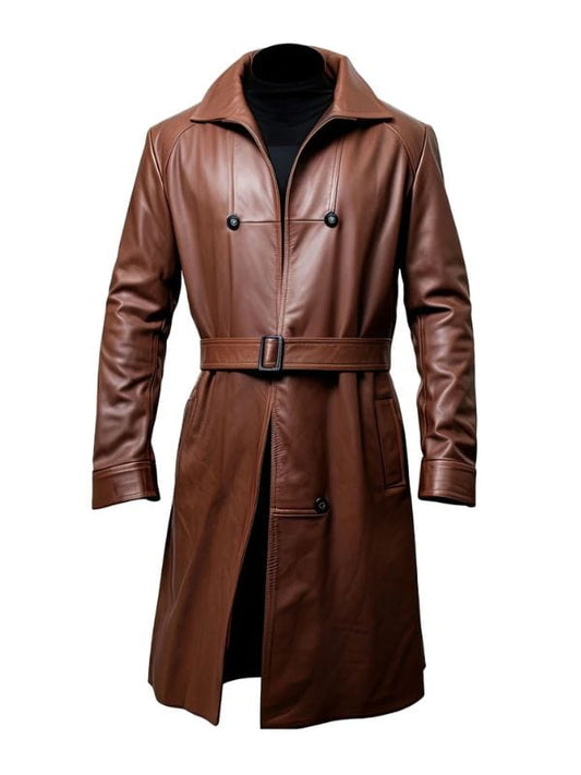 Thread Masters INC Mens Brown Belted Sheepskin Leather Trench Coat