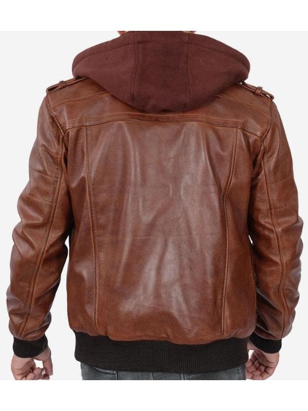 Thread Masters INC Mens Brown Leather Bomber Jacket With Removable Hood