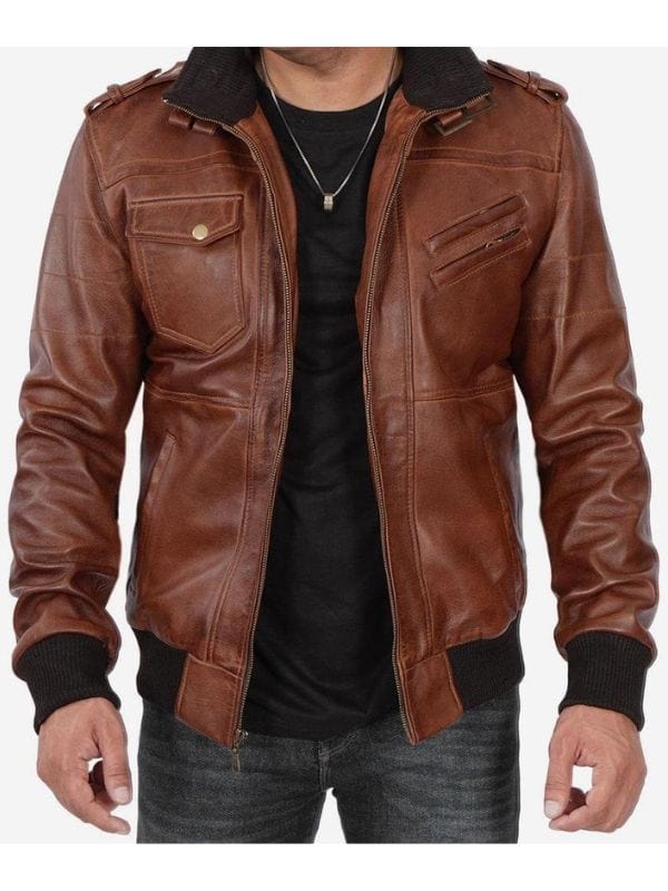 Thread Masters INC Mens Brown Leather Bomber Jacket With Removable Hood