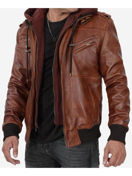 Mens Brown Leather Bomber Jacket With Removable Hood - Sale