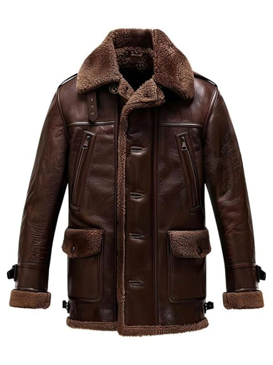 Brown leather coat with fur lining on a white background