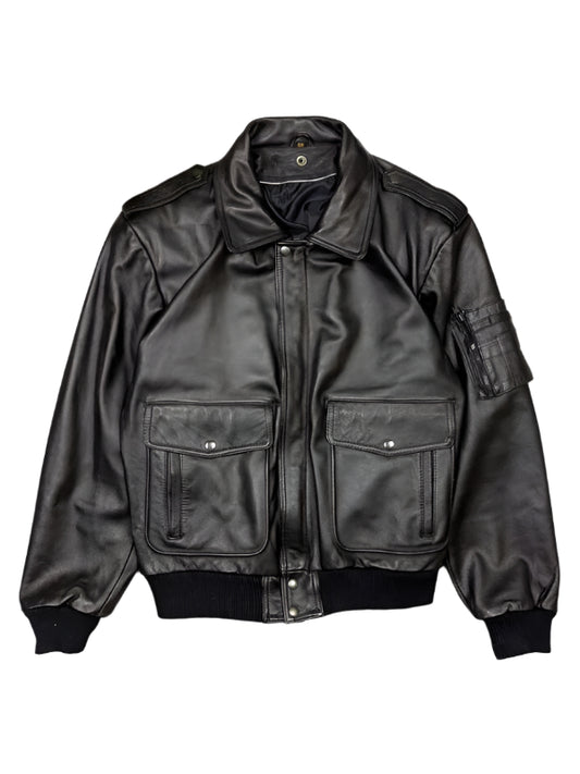 Men's Classic Flap Pockets Black Leather Bomber Jacket