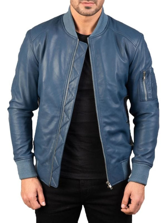 Thread Masters INC Mens Classical Blue Bomber Leather Jacket