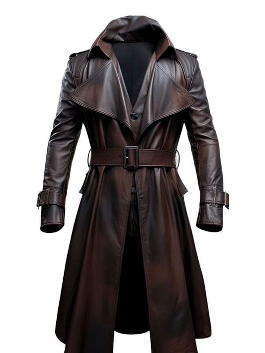 Thread Masters INC Mens Dark Brown Lapel Collar Leather Trench Coat