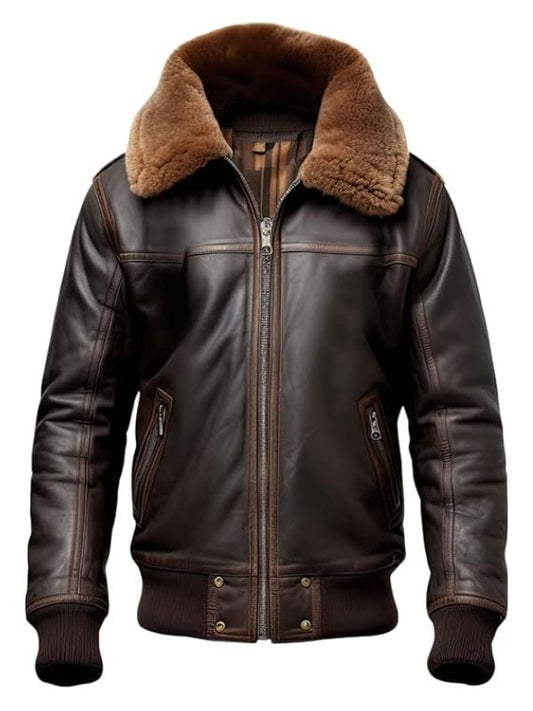 Thread Masters INC Mens Genuine Sheepskin B3 Faux Fur Collar Zip-up Brown Leather Jacket