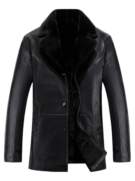 Black leather jacket with fur collar on a white background