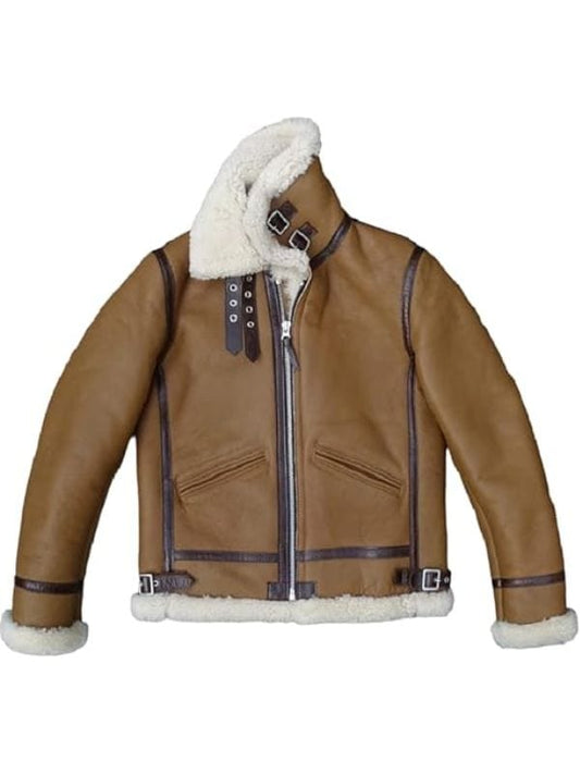 Thread Masters INC Mens Genuine Sheepskin Military Bomber Aviator Brown Leather Jacket