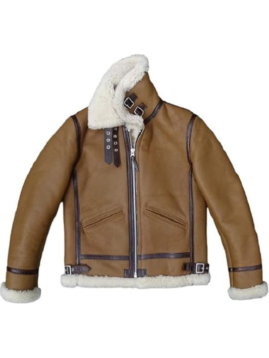 Brown leather jacket with white fur lining on a white background