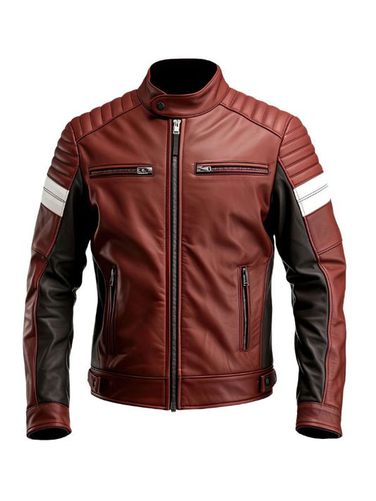 Mens Maroon Brown Biker Quilted Leather Jacket