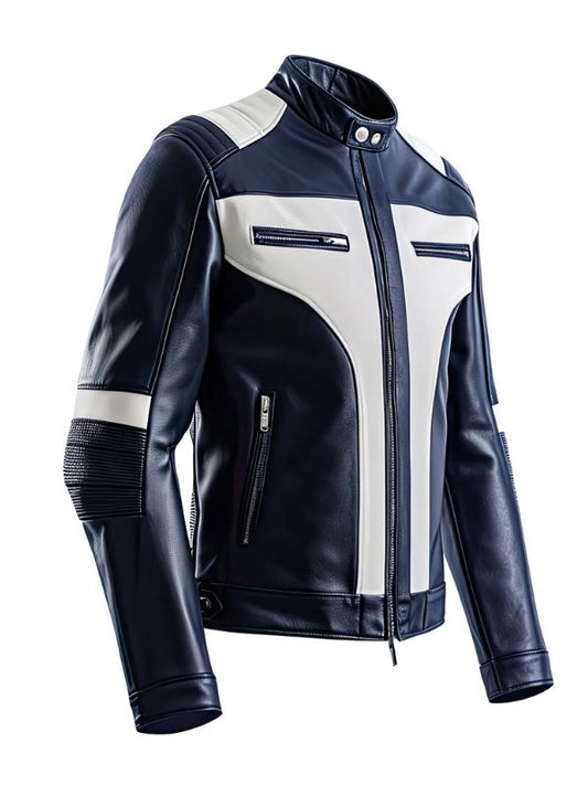 Men’s Navy Blue White Quilted Cafe Racer Leather Jacket