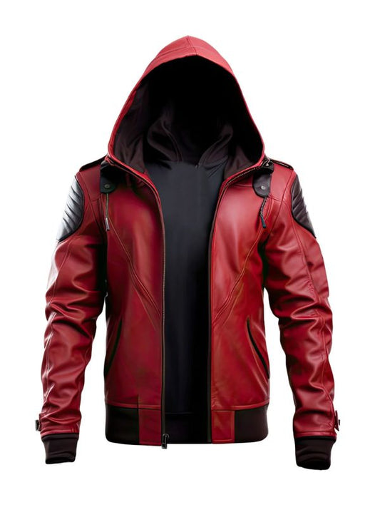 Men’s Red Genuine Sheepskin Stylish Hooded Jacket