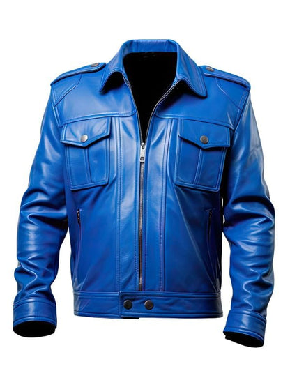 Thread Masters INC Mens Royal Blue Smooth Soft Trucker Leather Jacket