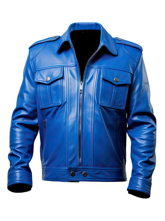 Mens Royal Blue Smooth Soft Trucker Leather Jacket