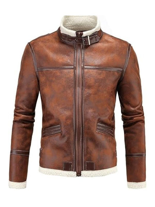 Brown leather jacket with white lining on a white background