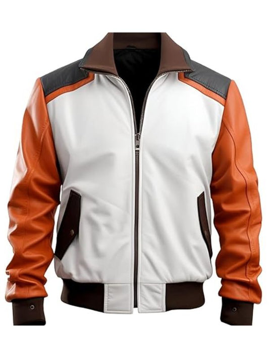 White jacket with orange and brown accents on a white background